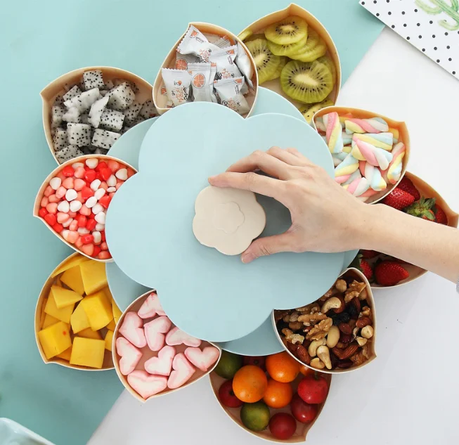 

Flower Shape Nut Dried Fruit Plate Household Lattice Candy Box PP Material Rotatable Design Double Layer party Snack Storage Box