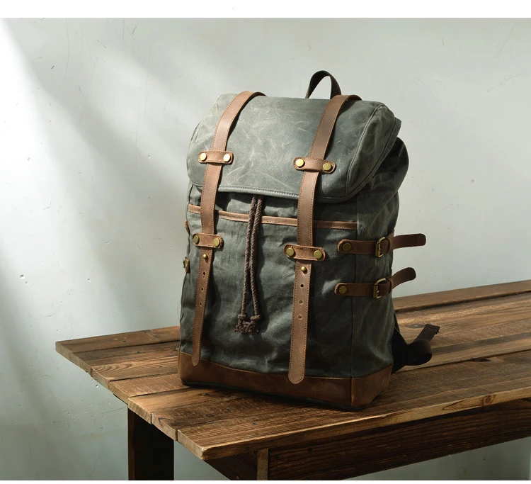 2018 New design waxed retro canvas waterproof causal stylish rucksack bag backpack back pack leather trim
