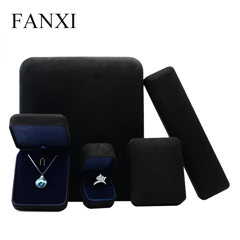 

FANXI Wholesale luxury Jewellery Gift Box For Ring Necklace Bracelet Packaging Boxes Custom Logo Black Suede Jewelry Box, N/a