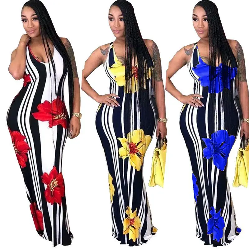 Deep V Neck Sleeveless Printed Flora stripe Long Maxi Dress 2019 Ladies Summer Beach Bohemian floor dress Women