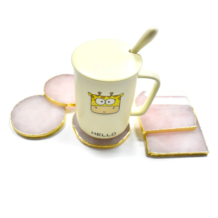 

factory wholesale bar accessories rose quartz bulk coasters, tea cup platter with plated rim