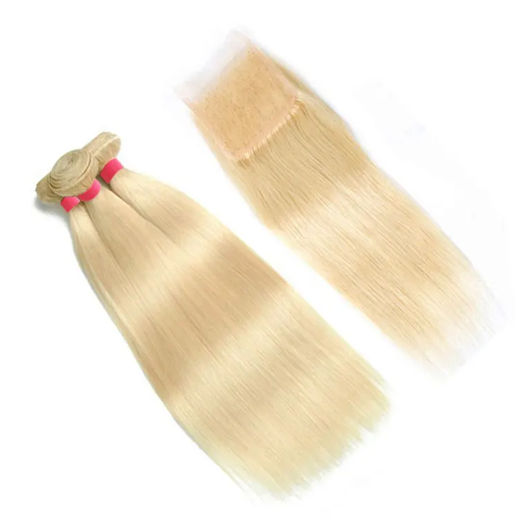 

High quality cuticle aligned 613 Blonde Human Hair Bundles With 4X4 Lace Closure,Blonde Hair Extension, #613 blonde