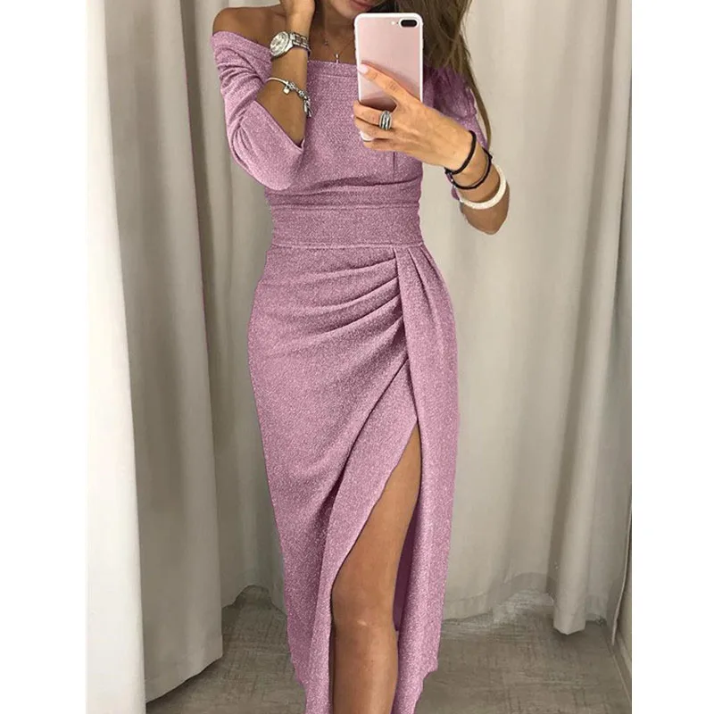 

made in china cheap wholesale polyester long sleeve slim side slit sexy sheath dresses for women, Pink, gray, apricot
