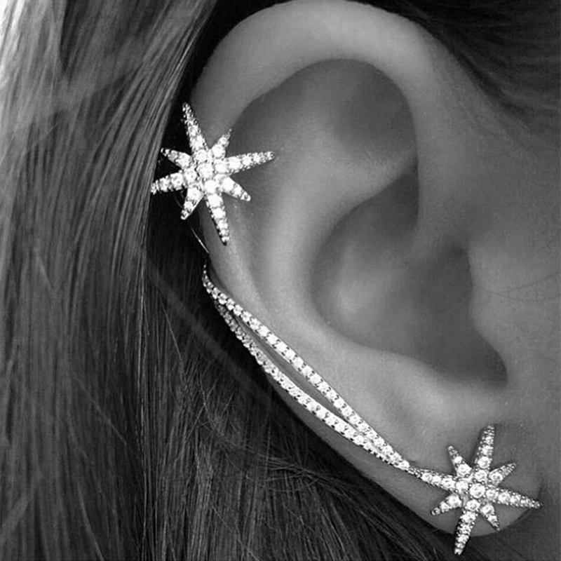 

Dropshipping Wholesale Rhinestone Star Earrings with 1 Sided Ear Cuff Clip - Color Finish Women Fashion Jewelry