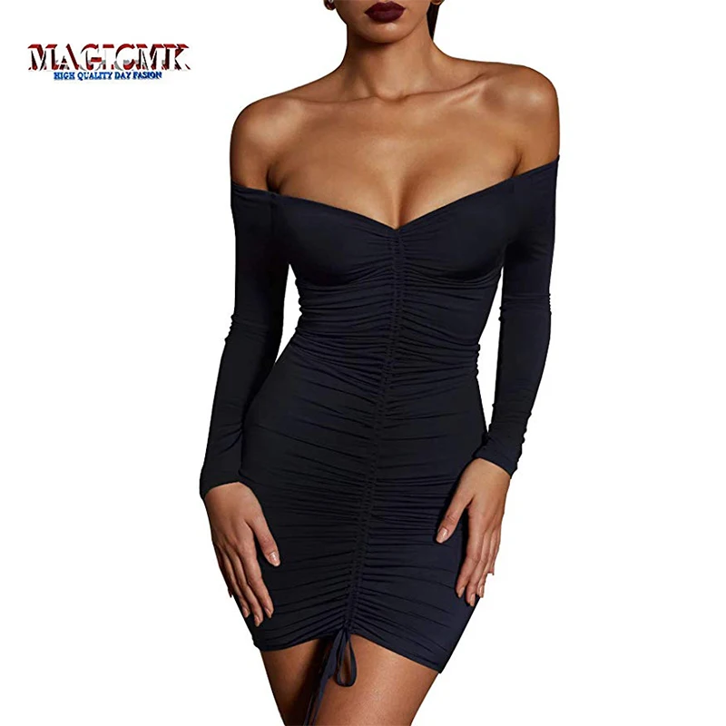 

MAGICMK Women's Bodycon Long Sleeve Sexy Ruched Off The Shoulders Mini Club Dress