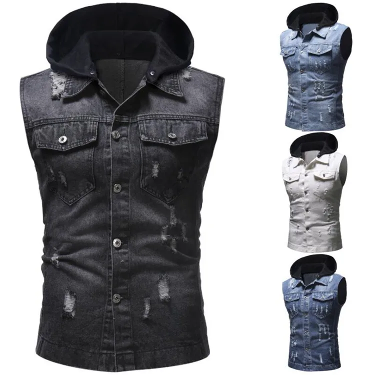 

2019 Four colors hot sales slim fit sleeveless hooded denim jeans jacket/vest scratched for men, Customized color