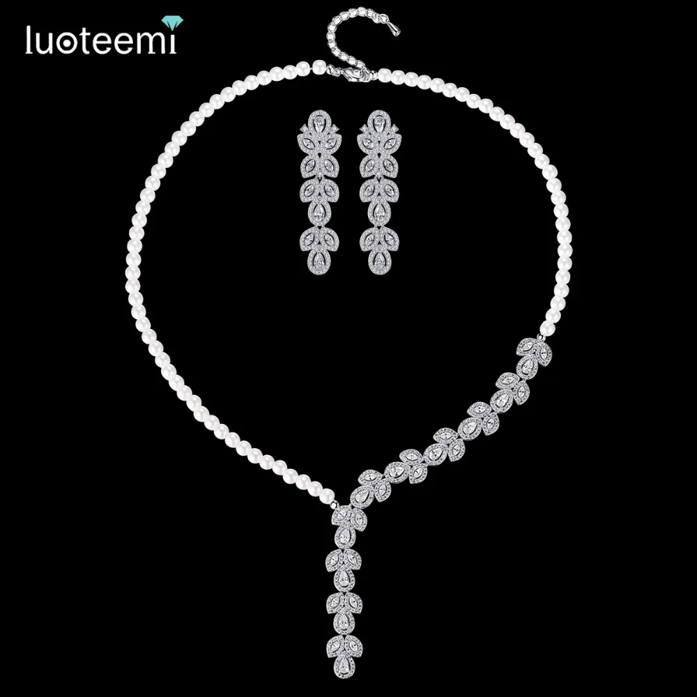 

LUOTEEMI African Jewelry Set for Bride Imitation Pearls Beaded Statement Waterdrop Choker Necklace Earrings Sets Wedding Jewelry, N/a