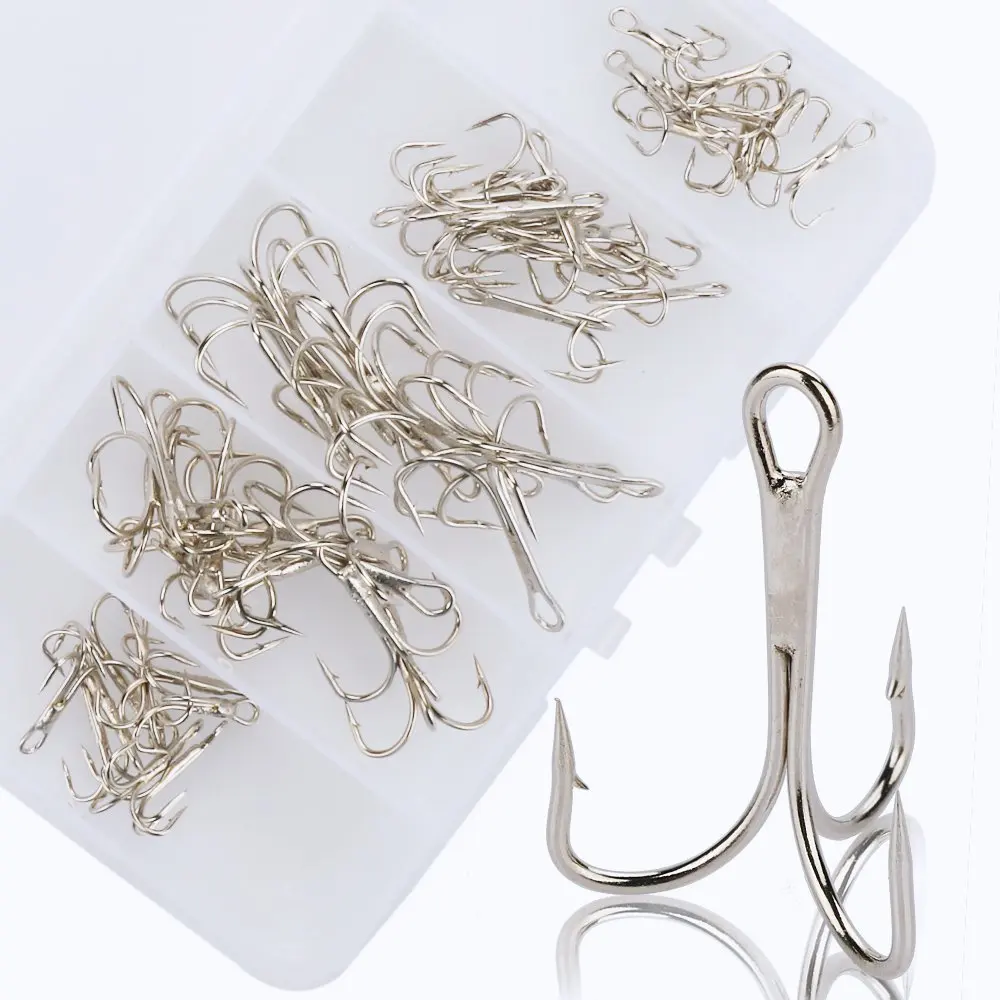 

US Hot Sale 50pcs/box Treble Fish Hooks Set Silver 2 4 6 8 10 Sizes Fishing Hooks, Silver or customized