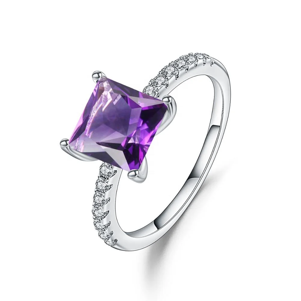 

Abiding Wholesale Natural Amethyst Princess Cut Silver 925 Romantic Purple Gemstone Engagement Rings