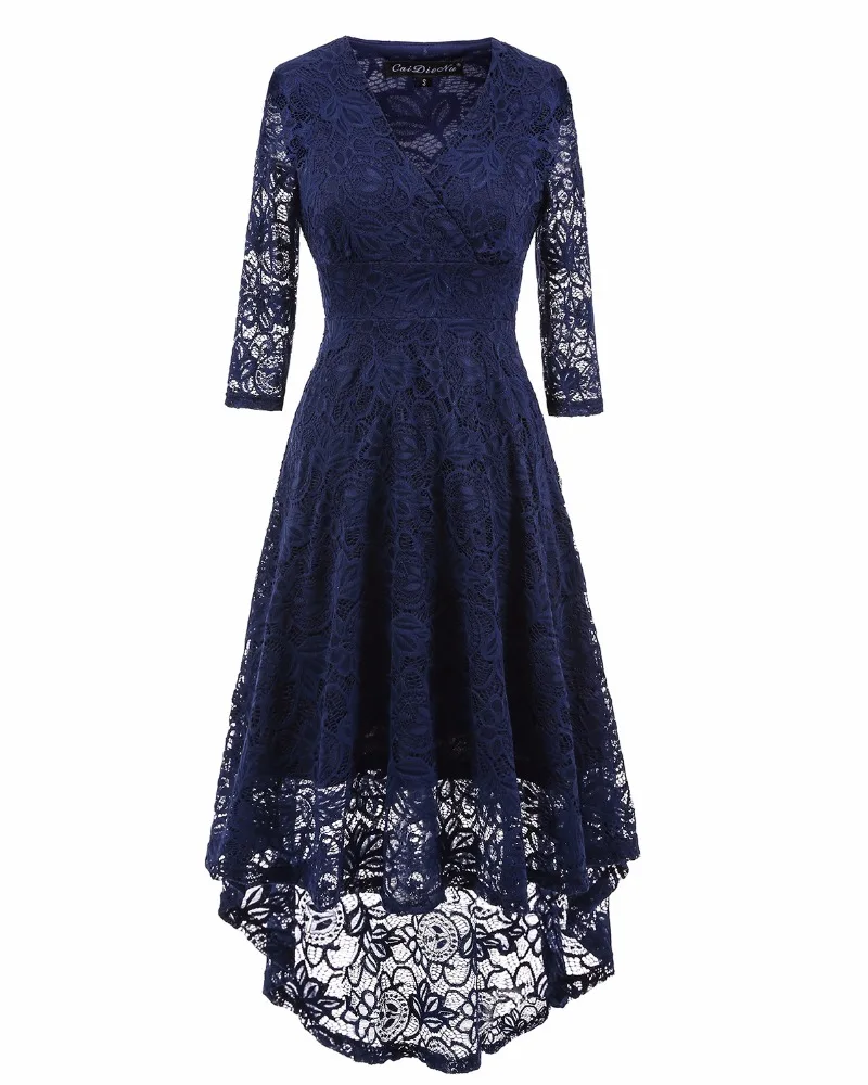 

Hot Sale Ladies Half Sleeve Navy Blue Lace Long Sleeve Lace Prom Dress V Neck Plus Size Short Front Long Back Lace Dress, Navy blue lace dress