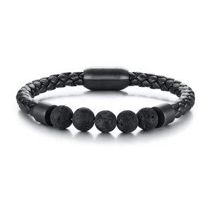 Titanium magnetic clasp genuine leather wrap lava stone bracelet