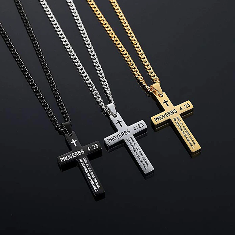 Stainless Steel Bible Verse Cross Pendant Necklace for Men Women, Proverbs 4:23
