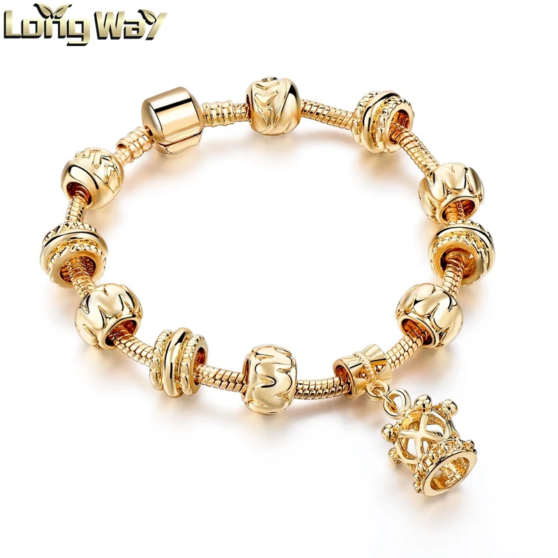 

LONGWAY New Arrival 18k Charm Gold Plated Metal Beads Crown Pendant Bracelet For Women