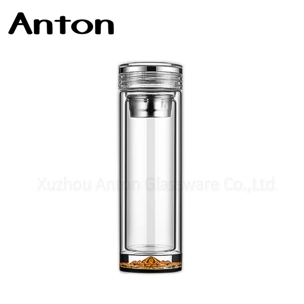 350 ml Double wall Glass Tea Bottle office with Stainless steel lids