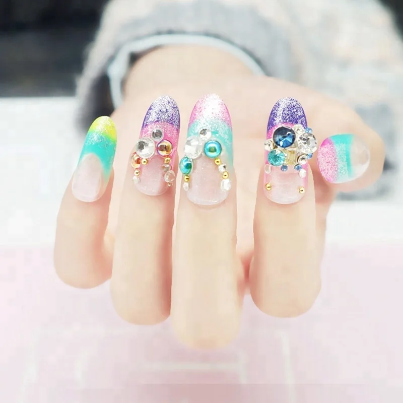 

Gorgeous  3D False Nails Stones Decoration Ladies Pre-designed Round Rainbow Press On Nails including glue sticker, Colorful