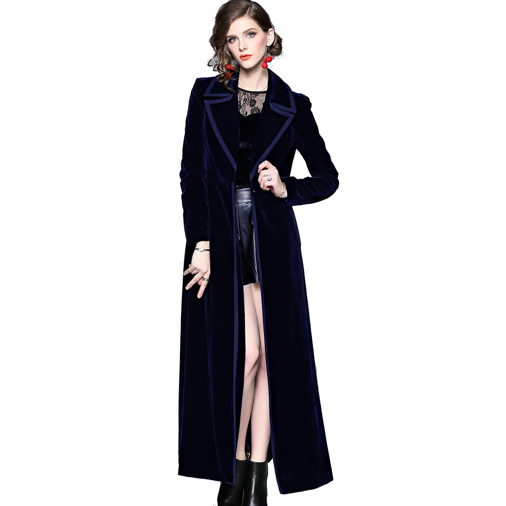 

Wholesale In Stock Winter and Autumn Lapel Collar Long Sleeve Velvet Black Maxi Trench Coat