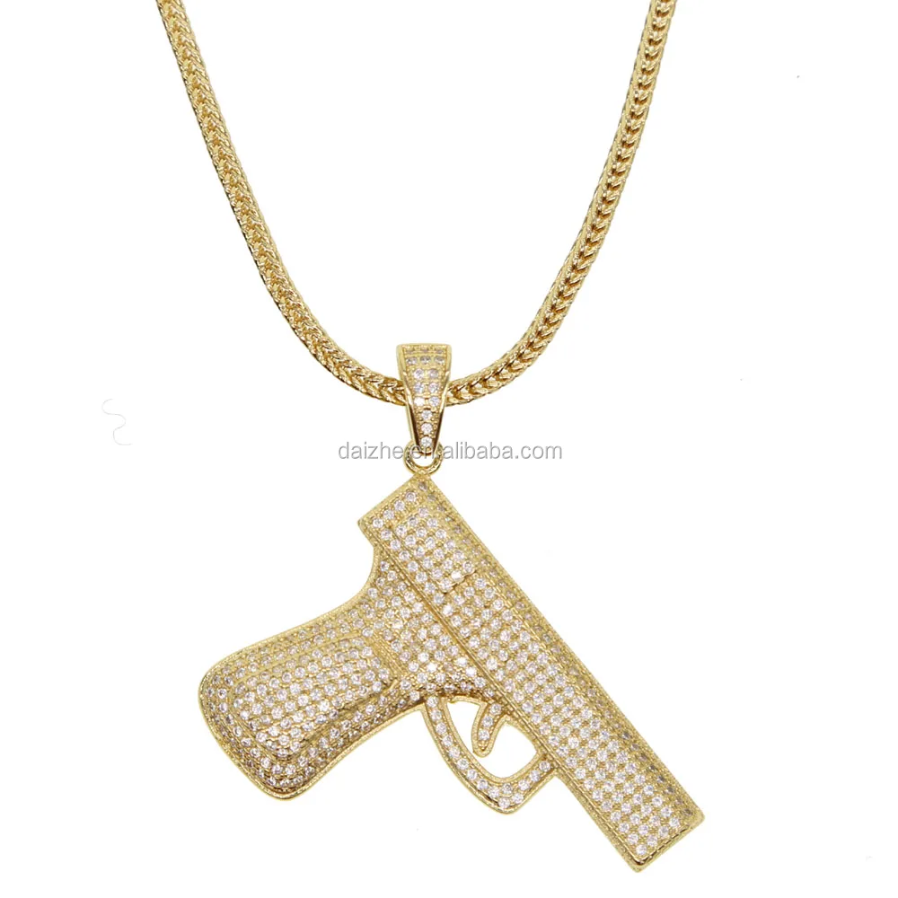 

iced out hip hop mens necklace with cz mirco paved gold silver gun pendant necklace for mens necklace, Black