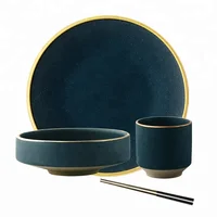 

Ceramic gold rim steak plate rice soup bowl green restaurant dinnerware set