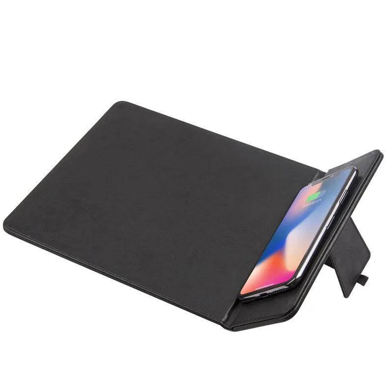 Pu leather waterproof foldable 10W fast charging wireless charger mousepad with phone holder for desktop