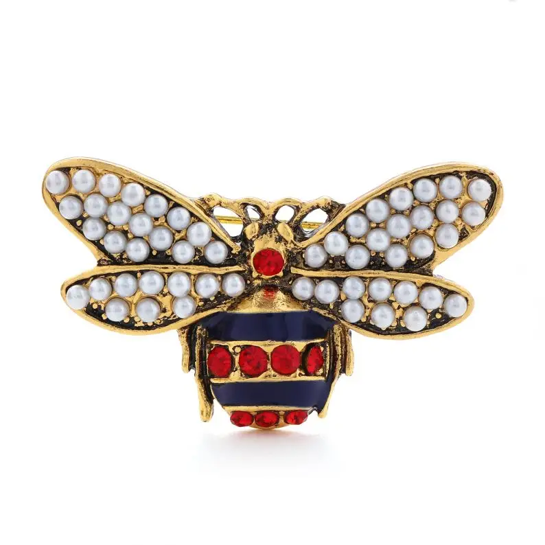 

Red Rhinestone Enamel Wholesale Crystal Bee Brooch With Simulated Pearl Wings, Gold/silver