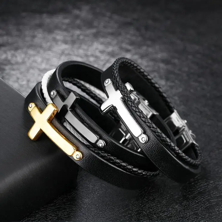 

Custom stainless steel black leather cross bracelet genuine leather women bracelet fashion bulk leather bracelet, Silver/gold/black/rose gold