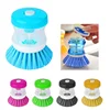 Novelty gift smart plastic impact dishes pot pan push top button release fill soap reservoir holder scrub cleaning kitchen brush