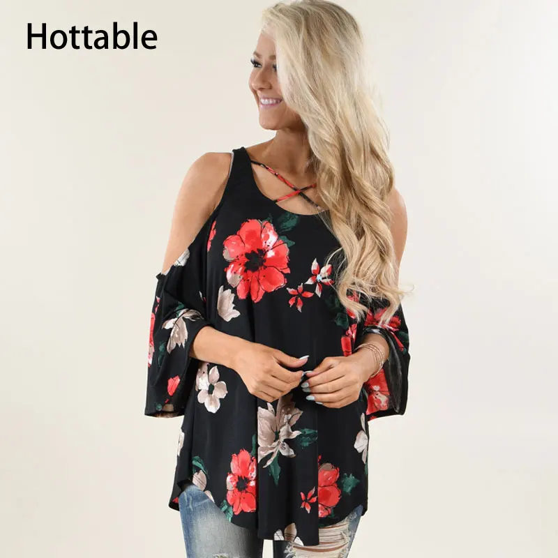 

Three Quarter Sleeve Off Shoulder Women Female Clothing Blouses Shirt Tops Casual Oversized Flower Butterfly Print Blouse, N/a