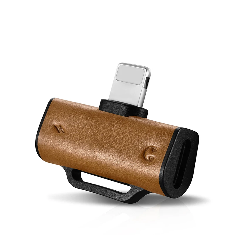 

High Quality 2 in 1 Double Light-ning Leather Audio Charge Splitter Charging Adapte For iPhone, Khaki;brown;black;red