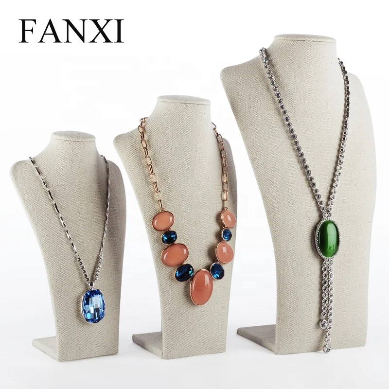 

FANXI Wholesale Cheap Shop Showcase Mannequin Beige Linen MDF Wood Necklace Pendant Jewelry Display Stand Tall Linen Bust, Beige or customized color for tall linen bust