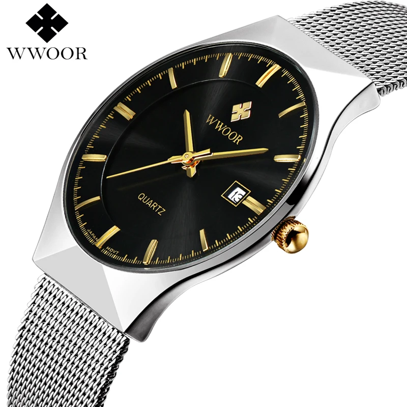 

WWOOR 8016 New Men Top Luxury Brand 50m Waterproof Ultra Thin Date Clock Male Steel Strap Casual Quartz Sport watch, 3 color choose