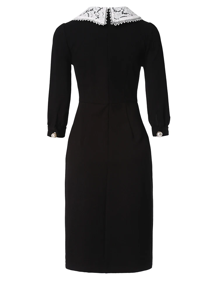 
Wholesale Women Spring New Fashion Three Quarter Sleeve Peter Pan Collar Pearls Beaded Lace Decoration Long Black Pencil Dress 