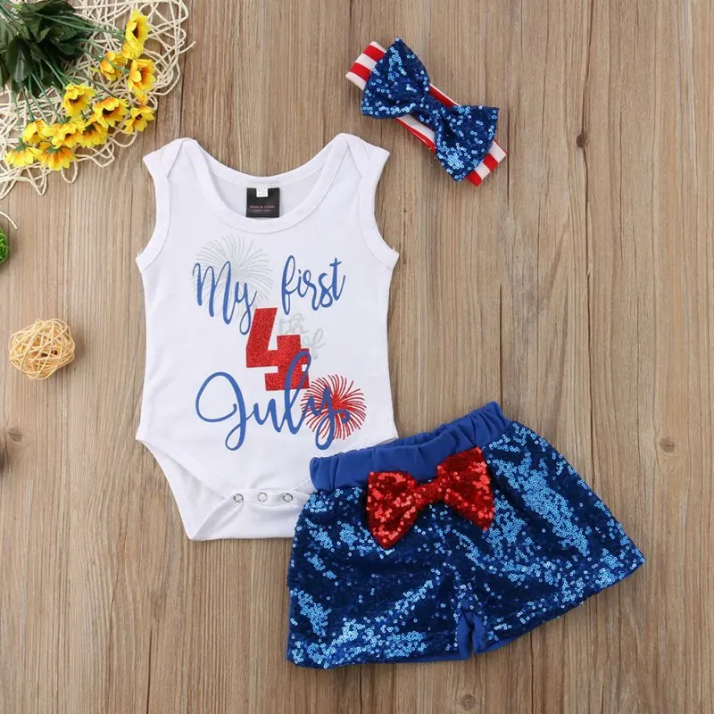 

US July 4TH 3PCS Set Newborn Baby Girls Cotton Bodysuit Tops Sequins Bow Shorts Headband Outfits Clothes Set