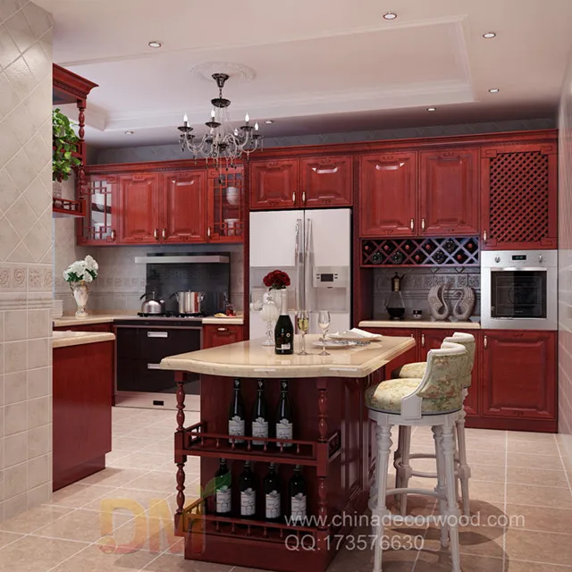 Clásica de madera tallados rojo gabinete de cocina con ménsulas
