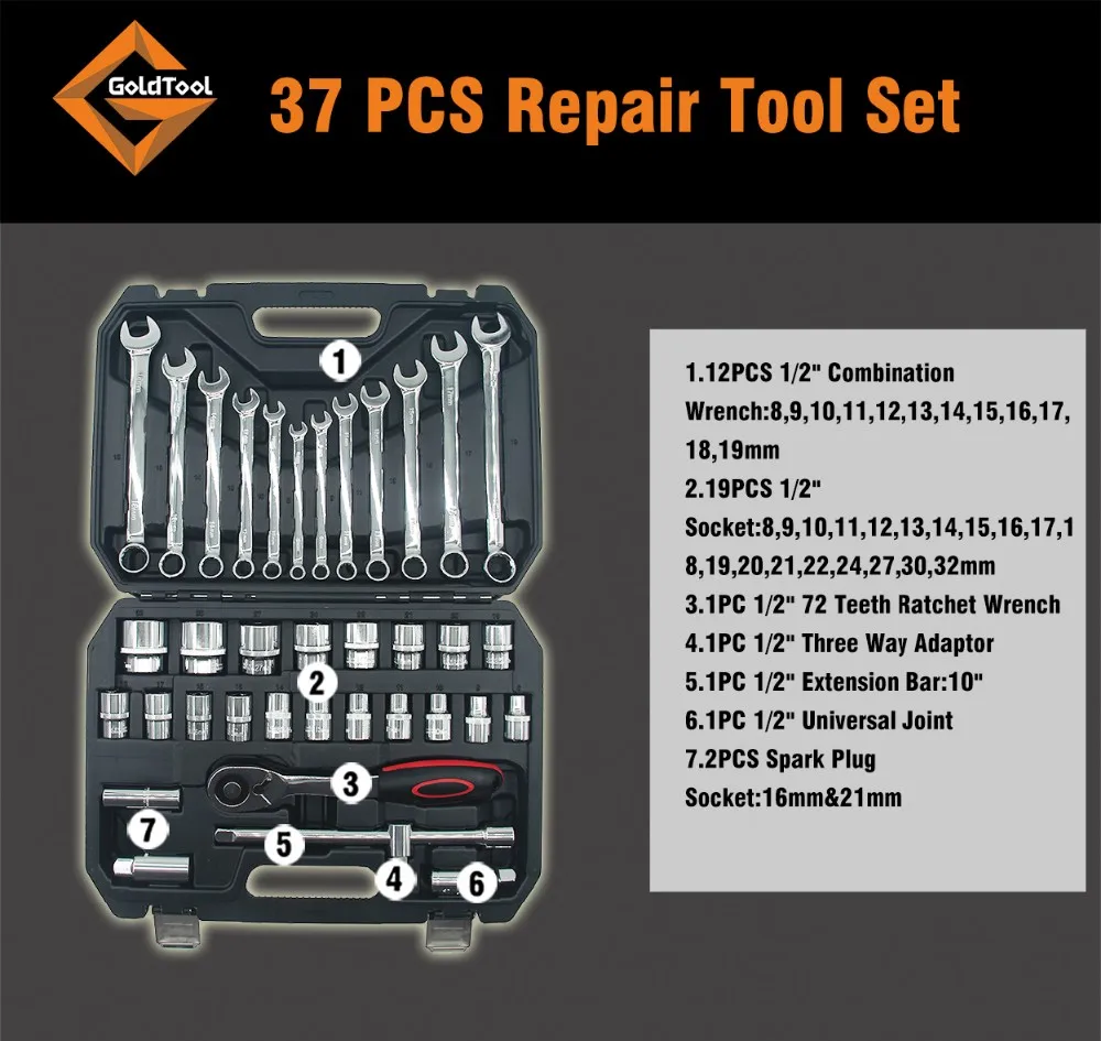 37Pcs Hand Torque Ratchet Wrench Tool Set Metric Socket Bit Small Tools Kit Box 