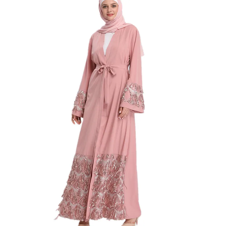 

Modest Fashion Elegant Islamic Clothing Muslim Shining Sequin New Style Dubai Kimono Abaya, Black,pink,gray