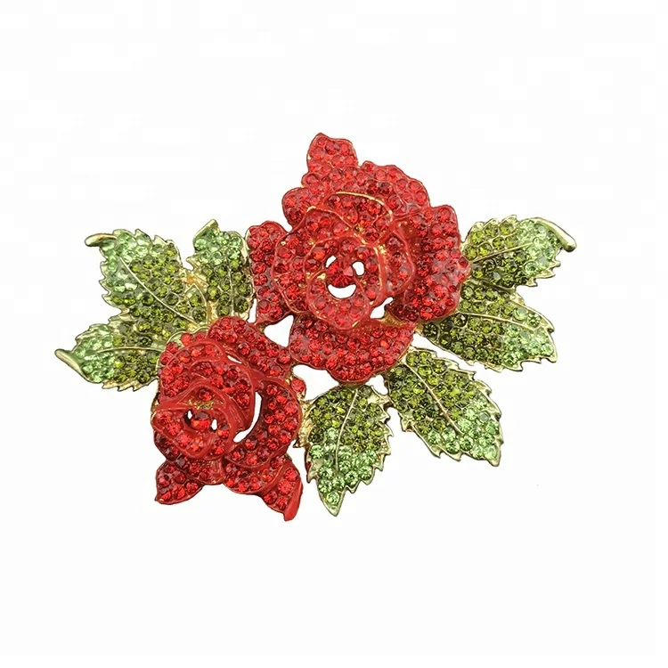 

Fashion Jewelry  Gold Plated Red Large Rose With Leaf Flower Brooch Pins, As picture