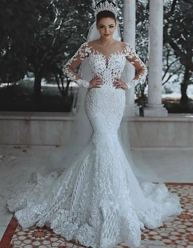 

ZH0923G 2019 Scoop Arabic Mermaid Wedding Dresses Long Sleeves Applique Beaded Middle East Bridal Wedding Gowns Bride Dresses, White;ivory
