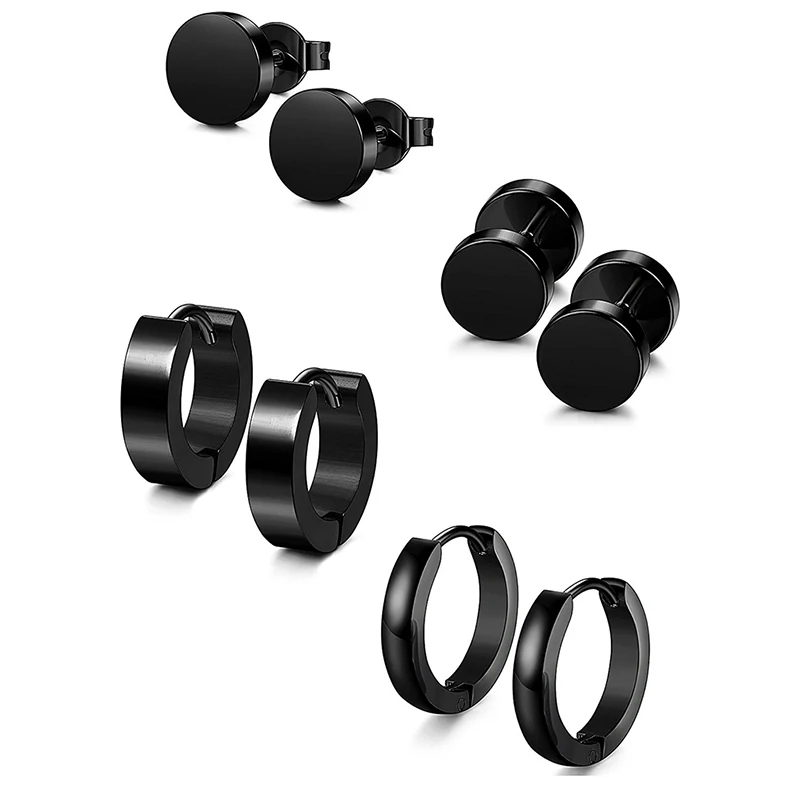 

1 Set 4 Pair Different Types Shape Unisex Black Color Stainless Steel Piercing Earring For Women Men Gothic Barbell Earring, Sliver,black