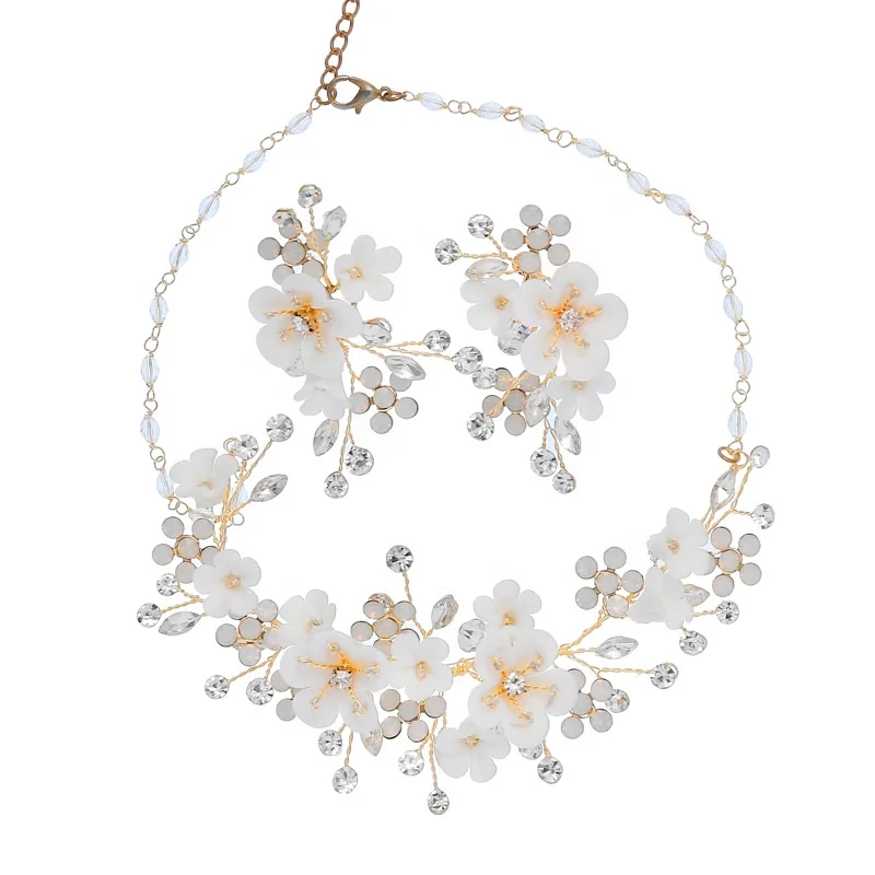 

Fashion Ceramic Flower Bridal Accessories Crowns Handmade Fancy Crystal Women Necklace Earring Set, Silver