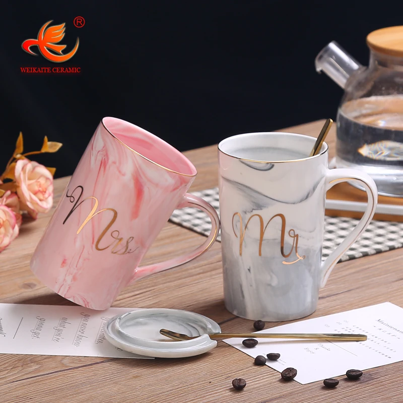 
WKTM025 Wholesale Custom printed porcelain calacata grey pink marble mr and mrs ceramic coffee cup gift mug with lid and spoon  (60640341352)