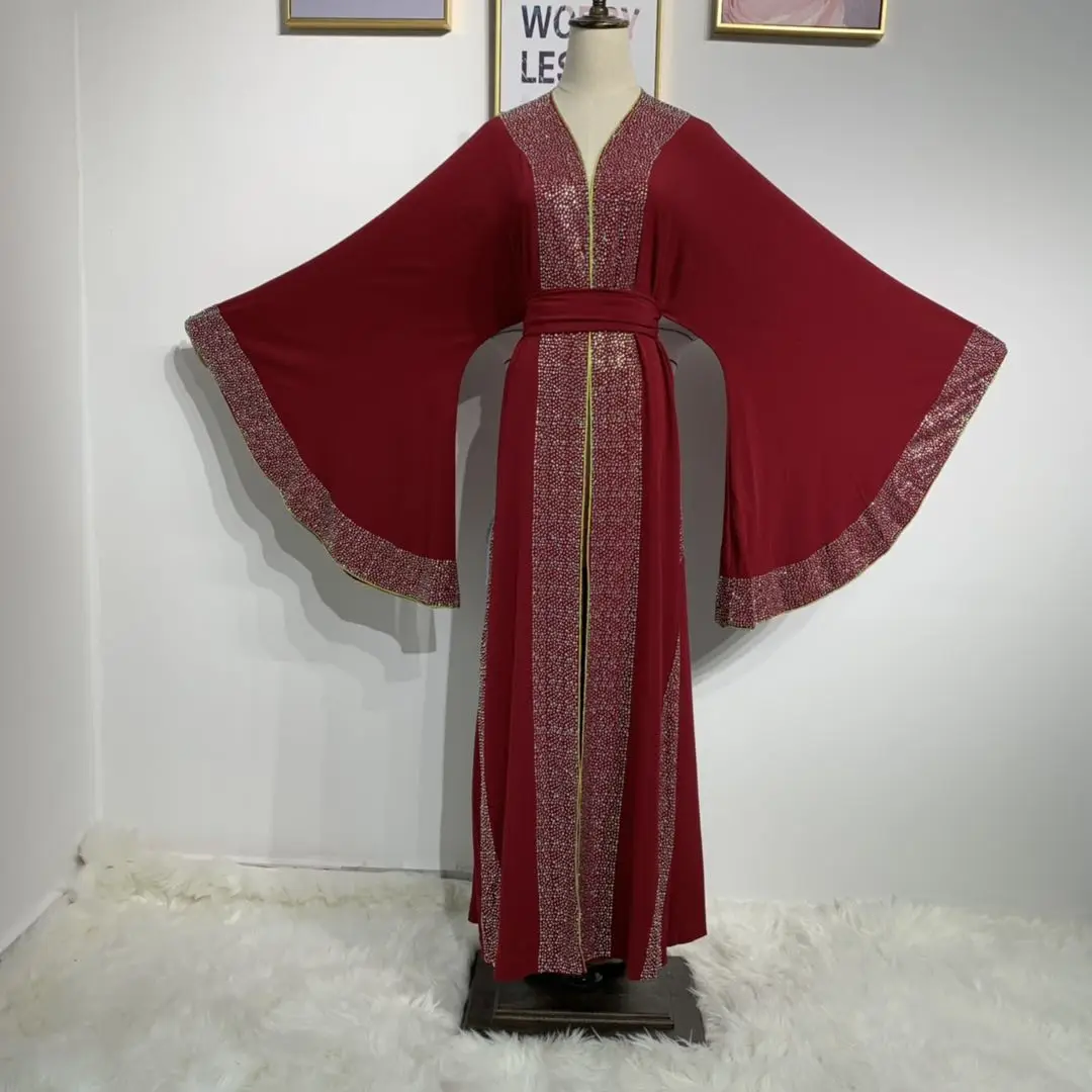 

2019 High Quality Fashion Red Front Open Abaya Dubai Abaya Heavy Stones for Muslim Women, Wine red,dusty pink,black