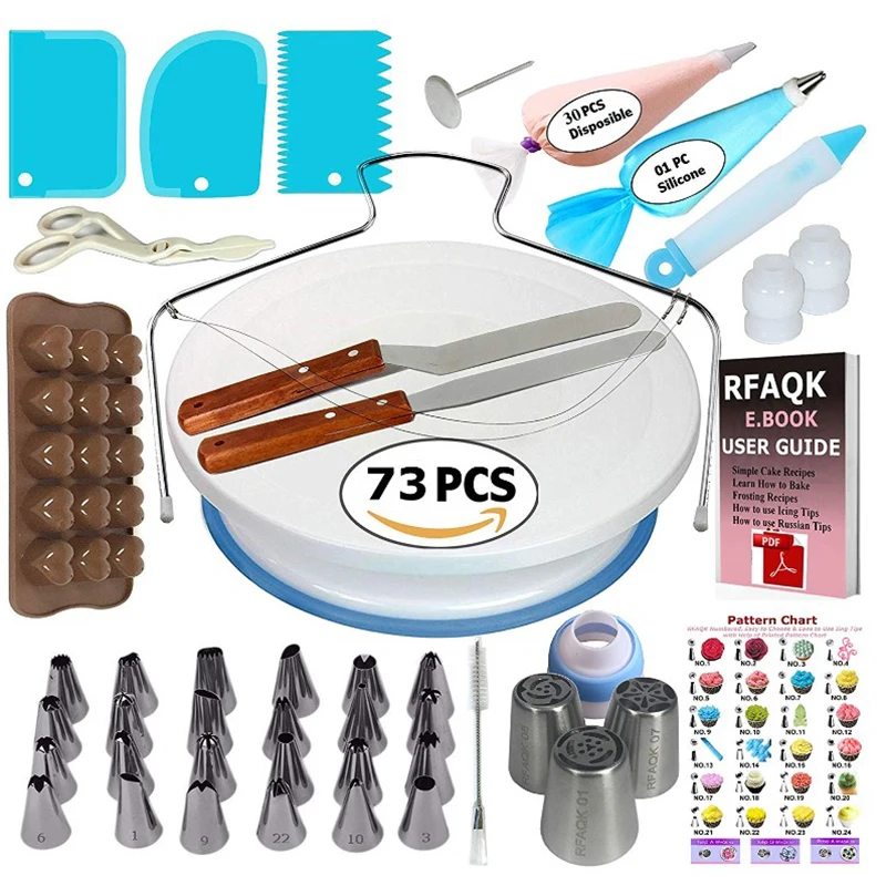 

2019 new 74 pcs Cake Decorating Supplies Set Baking Tools Kit with 42Icing Tips, 3 Coupler, 2 Silicone Bag 10 Disposable Bags, White