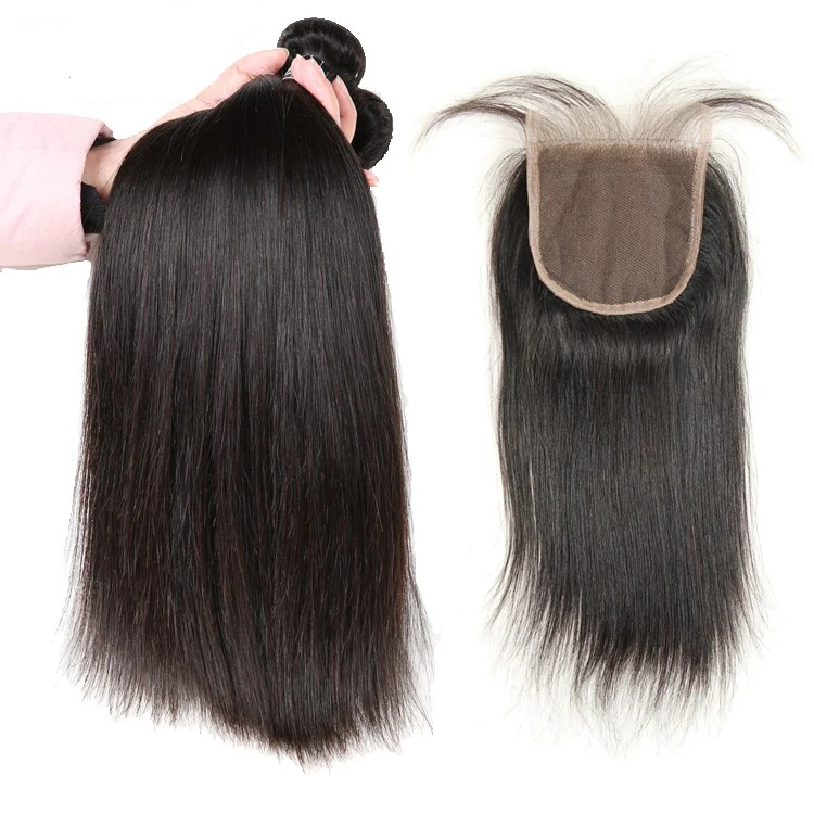 

Brazilian Silky Straight Remy Human Hair Weave Closure With Baby Hair , 3 bundles Straight Hair With Closure For Sale, Natrual color#1b( can be dyed bleached)