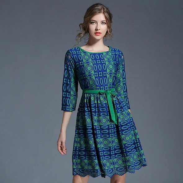 

Green jacquard above knee length casual dresses for women