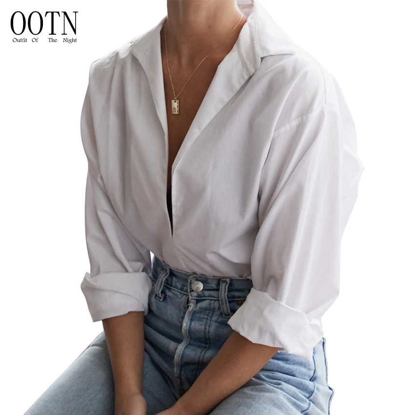 

OOTN 2019 Fall Winter Loose Fashion Turn Down Collar V Neck Blouse Female Tunic Tops Women Long Sleeve White Shirt Office Blouse, White blouse