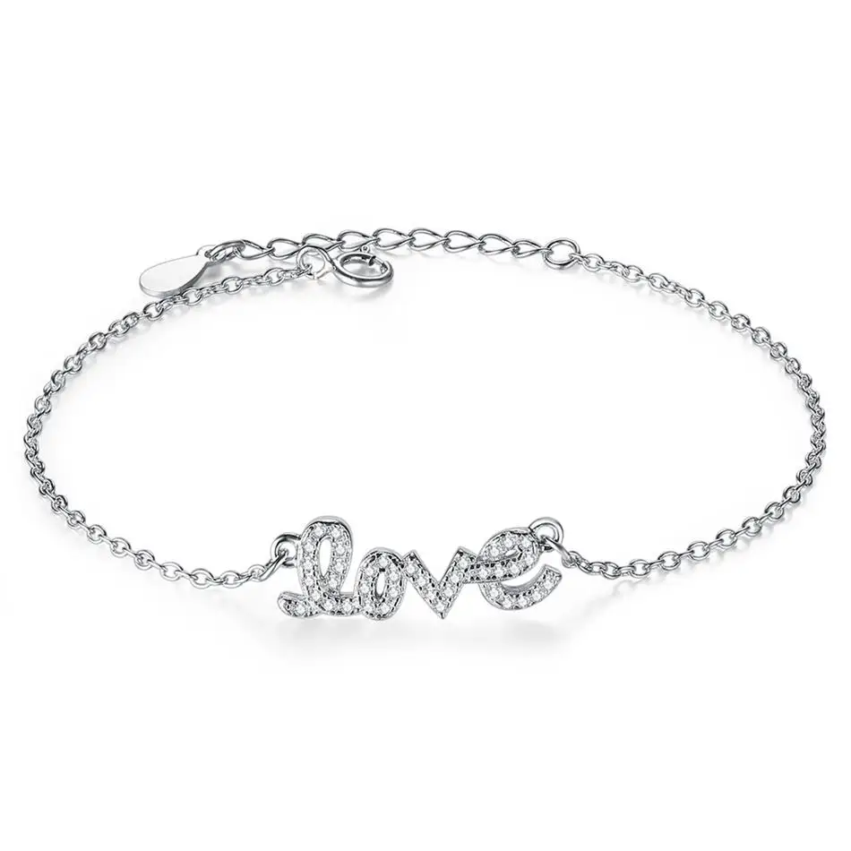 

Unique Design Rhinestone Chain Link Bracelet 925 Sterling Silver Love Charm Bracelet For Women Fashion Jewelry Gift