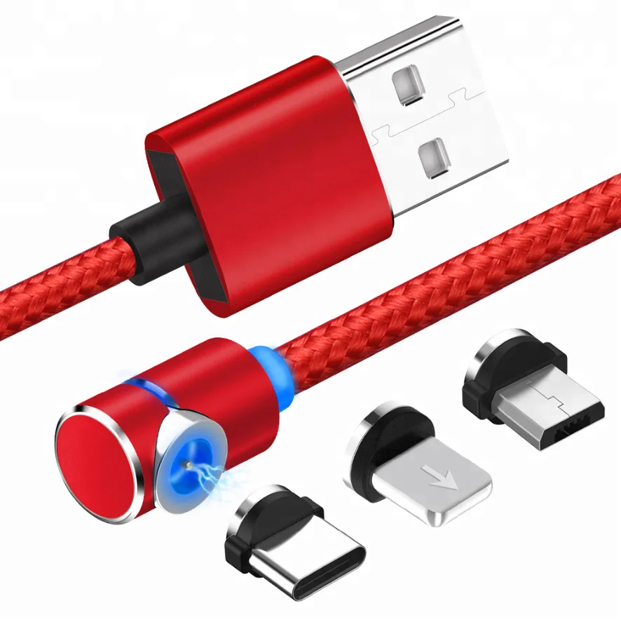 Hot Selling 90 Degree Elbow Magnetic Micro USB Charger Cable 3 In 1 LED Light Fast Charging USB Cable
