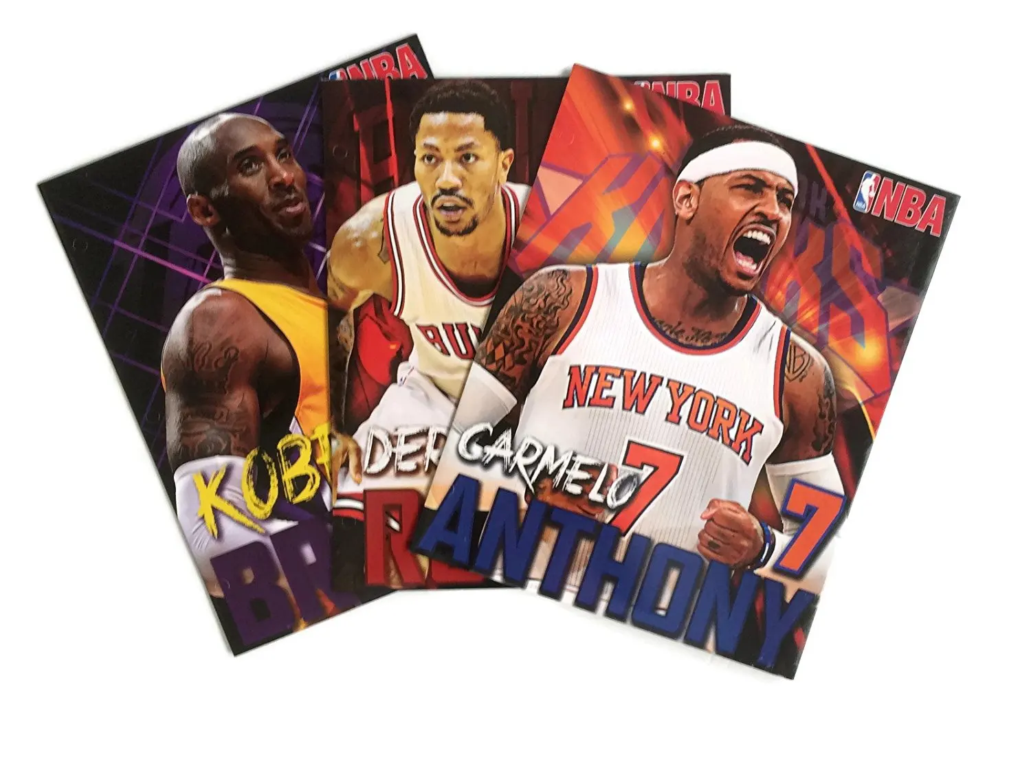 Boys NBA Basketball Player Subject Folder Bundle: 3 Items: One Kobe Bryant Folder, One Anthony Carmelo Folder, Plus One Derrick Rose Folder