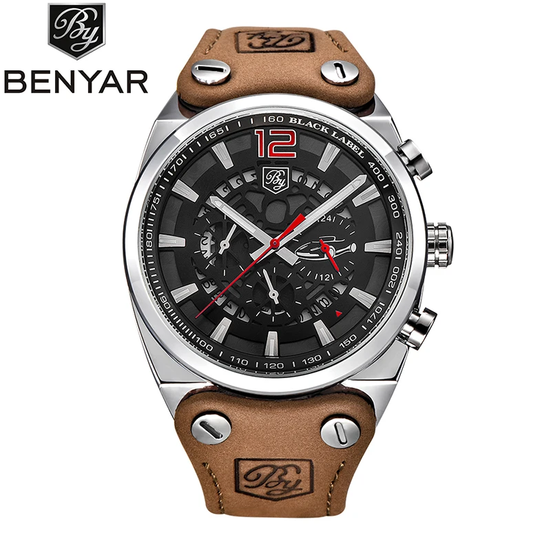 

Benyar Brand Watches Men Fashion Skeleton Dial Vintage Brown Leather Strap Sports Calendar Chronograph Waterproof Quartz Watch