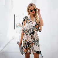 

Office Lady Women's Shirt Dress Cotton Casual Short Sleeve Floral Print Loose Tops Mini Short Dresses Boho Y10982